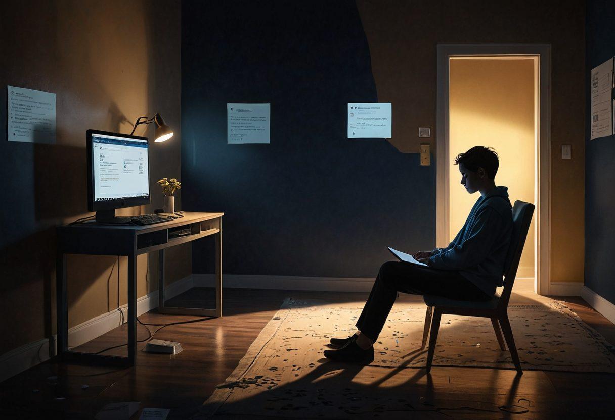 A poignant scene depicting a person sitting alone in a room, illuminated by the soft glow of a computer screen, with shadows symbolizing grief lingering around them. In contrast, digital connections like social media icons and comforting messages float in the air, representing support and healing. The atmosphere transitions from dark blues to warm golden hues, symbolizing a journey from sadness to connection. super-realistic. muted colors with highlights. emotional depth.