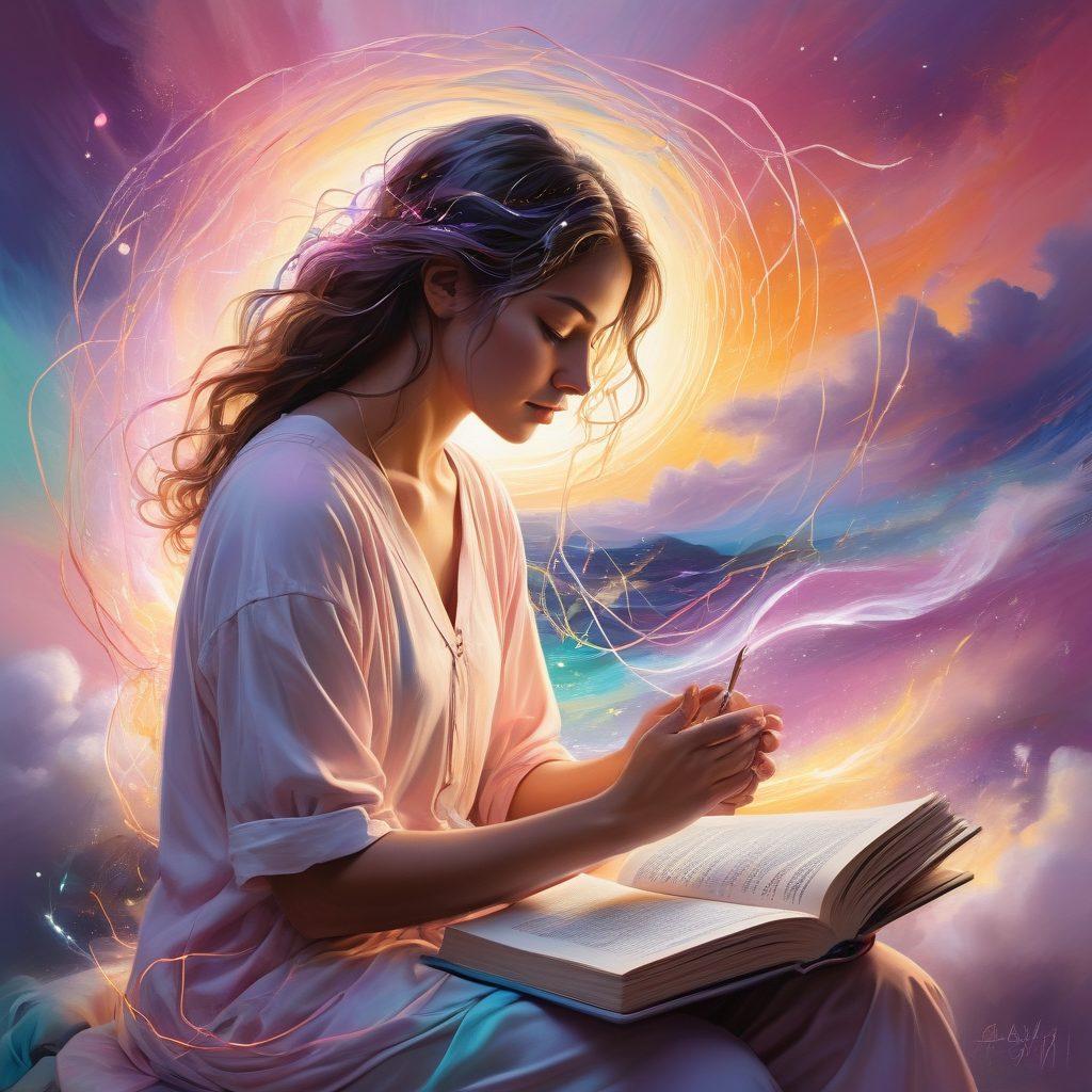 An abstract representation of a person transforming sorrow into joy, surrounded by a network of glowing connections symbolizing support. The background features soft waves of pastel colors, illustrating the journey from distress to understanding. Include elements like books and digital devices to signify education. Capture the essence of community and resilience. painting. vibrant colors. soft focus.