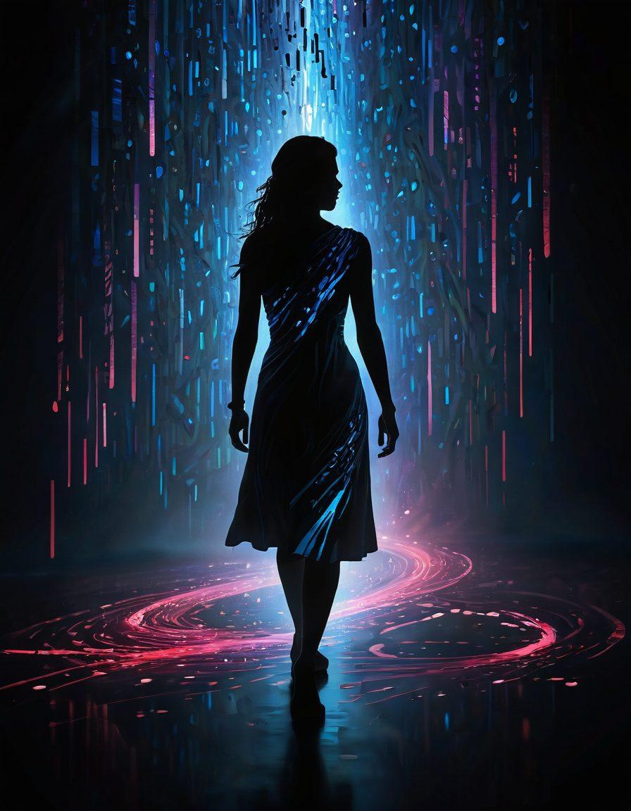 A person walking through a dark, shadowy digital landscape, with glowing binary codes and fragmented hearts surrounding them, symbolizing emotional pain. Soft, ethereal light breaks through the shadows, representing hope and healing, while abstract shapes form around the figure, illustrating their journey towards better mental health. The overall mood should evoke a blend of introspection and empowerment. super-realistic. dark tones with vibrant highlights.